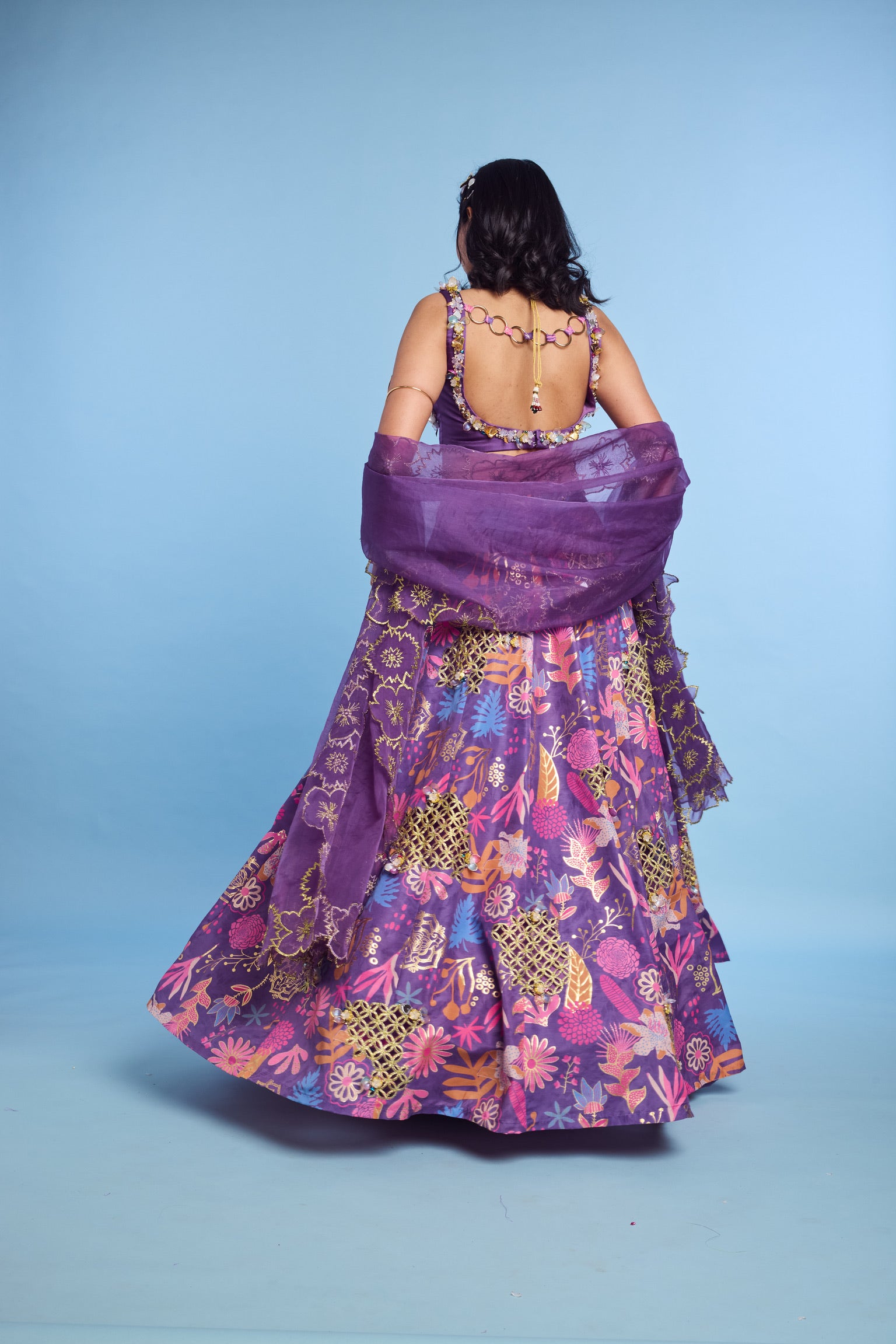 Cutwork Lehenga with Twist Blouse and Organza Dupatta