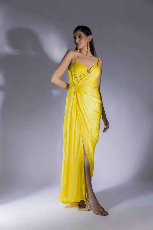 Yellow Embroidered Drape Corset Dress