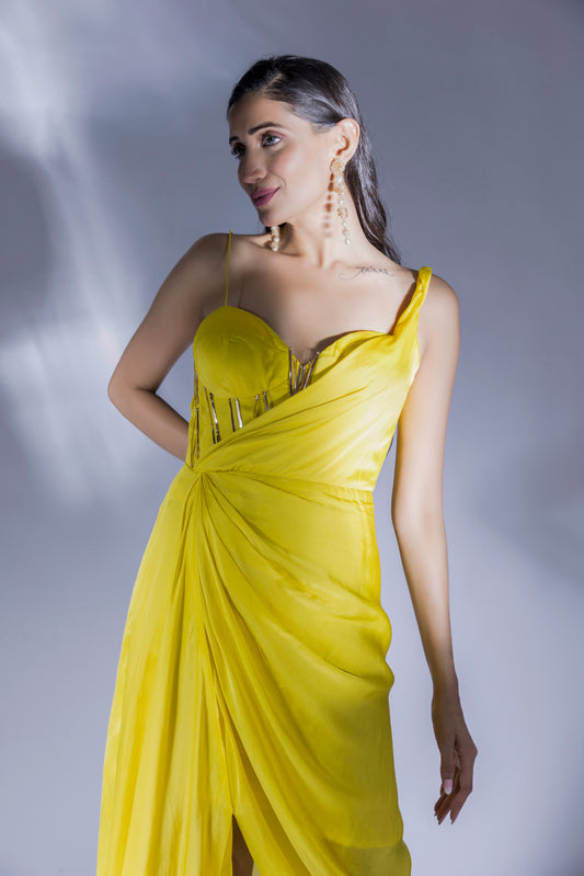 Yellow Embroidered Drape Corset Dress