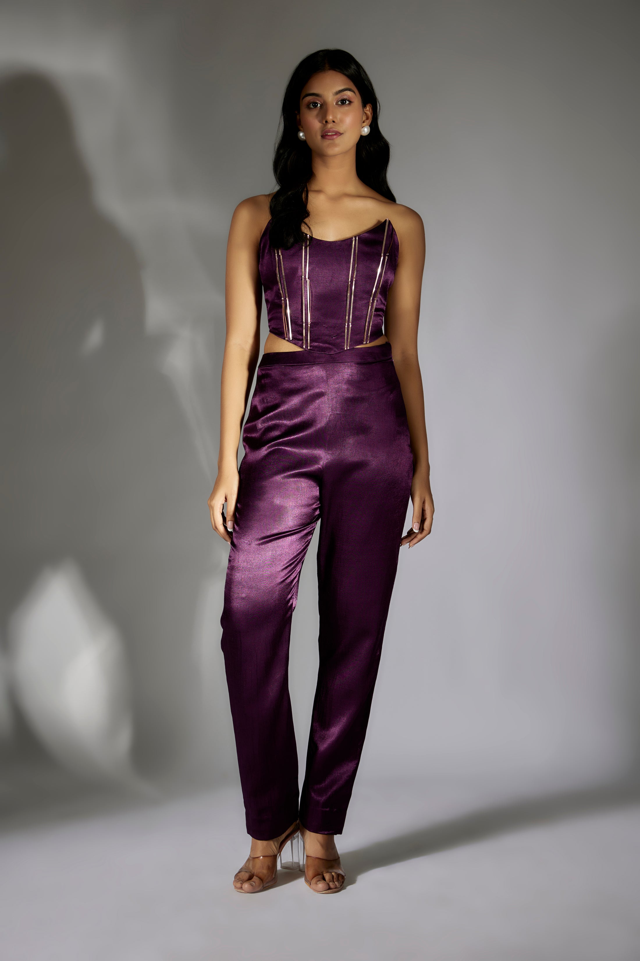Purple Embroidered Corset With Pant