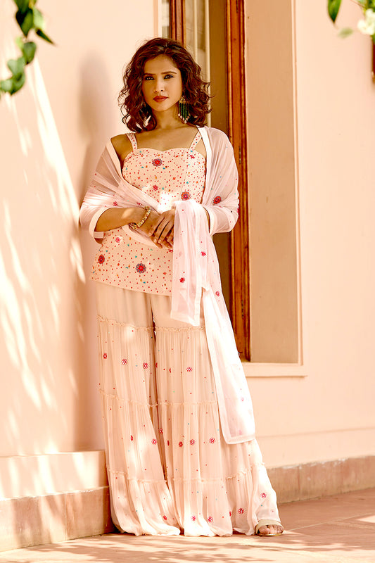 Nude Peach Embroidered Strappy Sharara Set