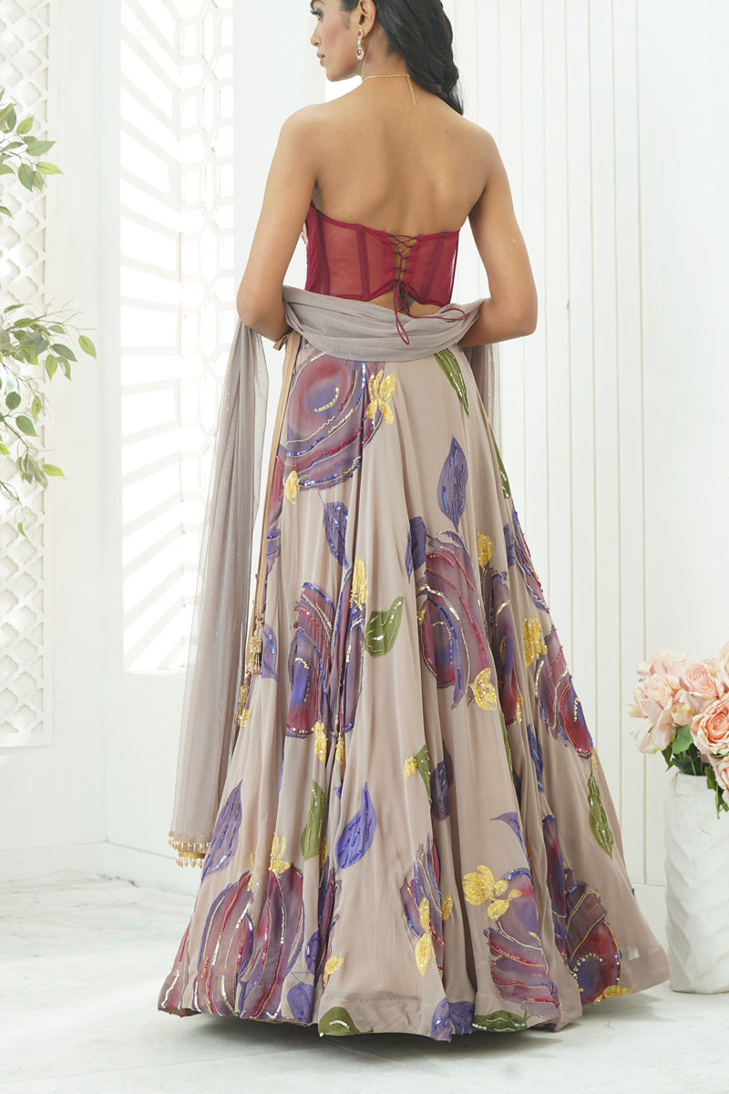 Mauve Hand-Painted Lehenga & Floral Corset Set