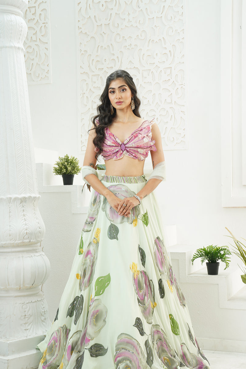 Mint Green Hand-Painted Lehenga