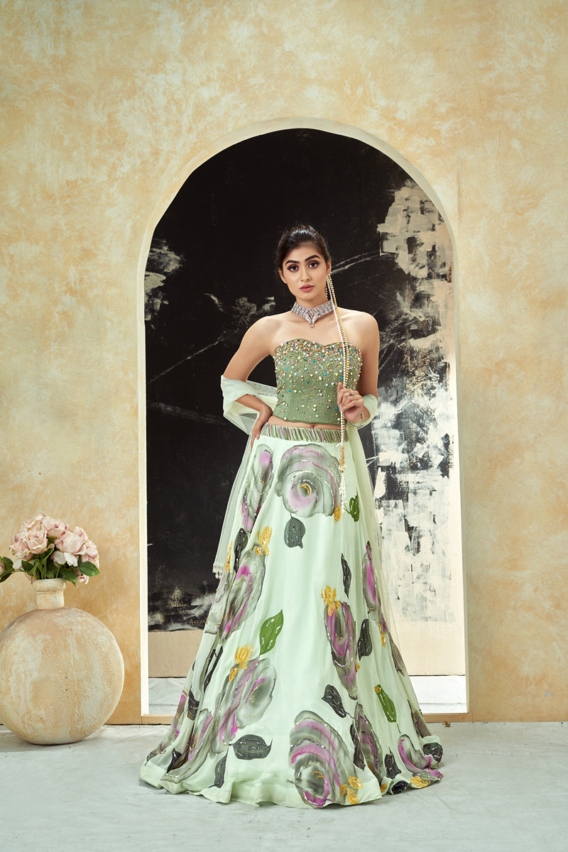 Mint Green Hand-Painted Lehenga & Corset Set