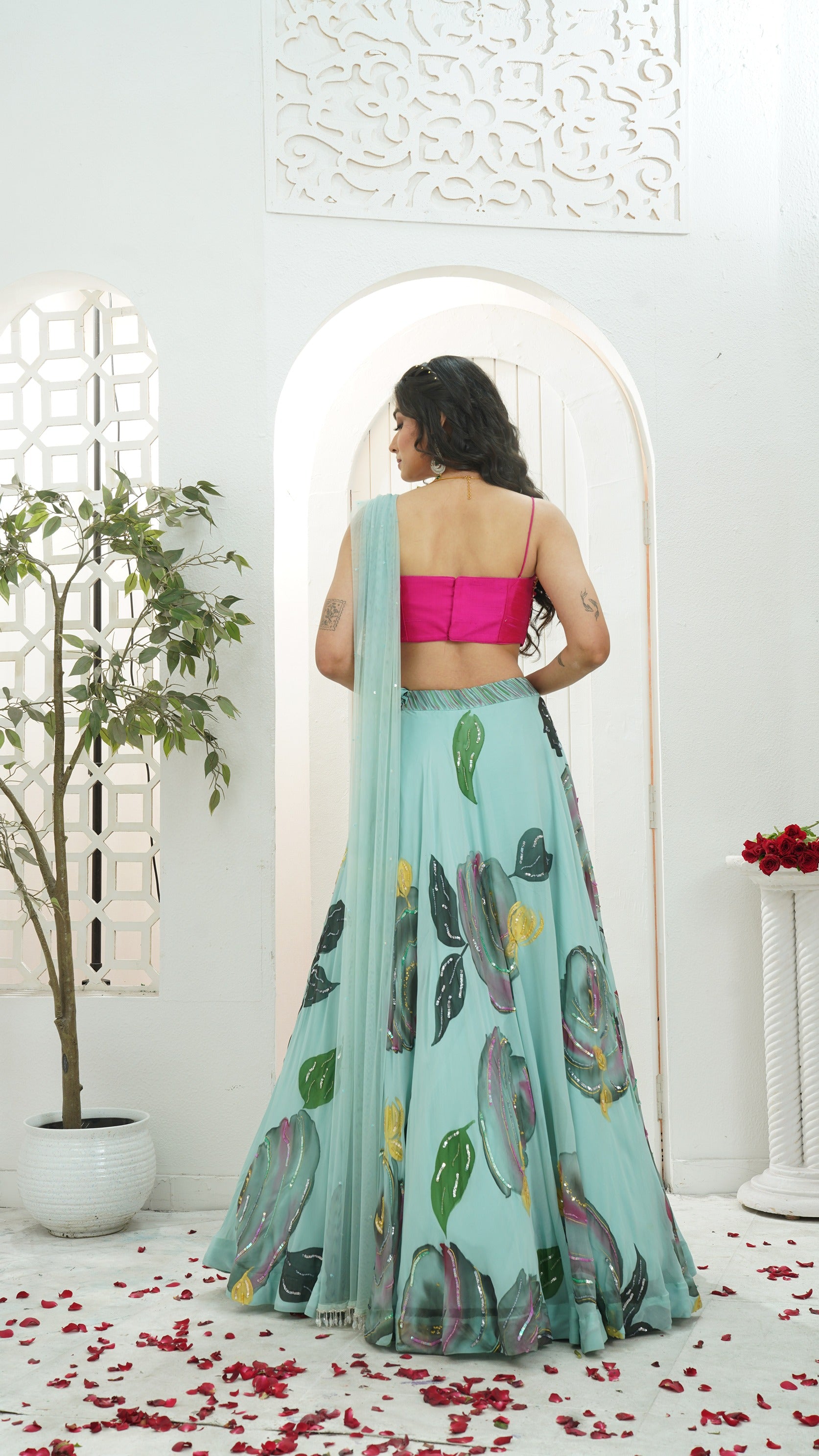Dusty Blue Hand-Painted Lehenga