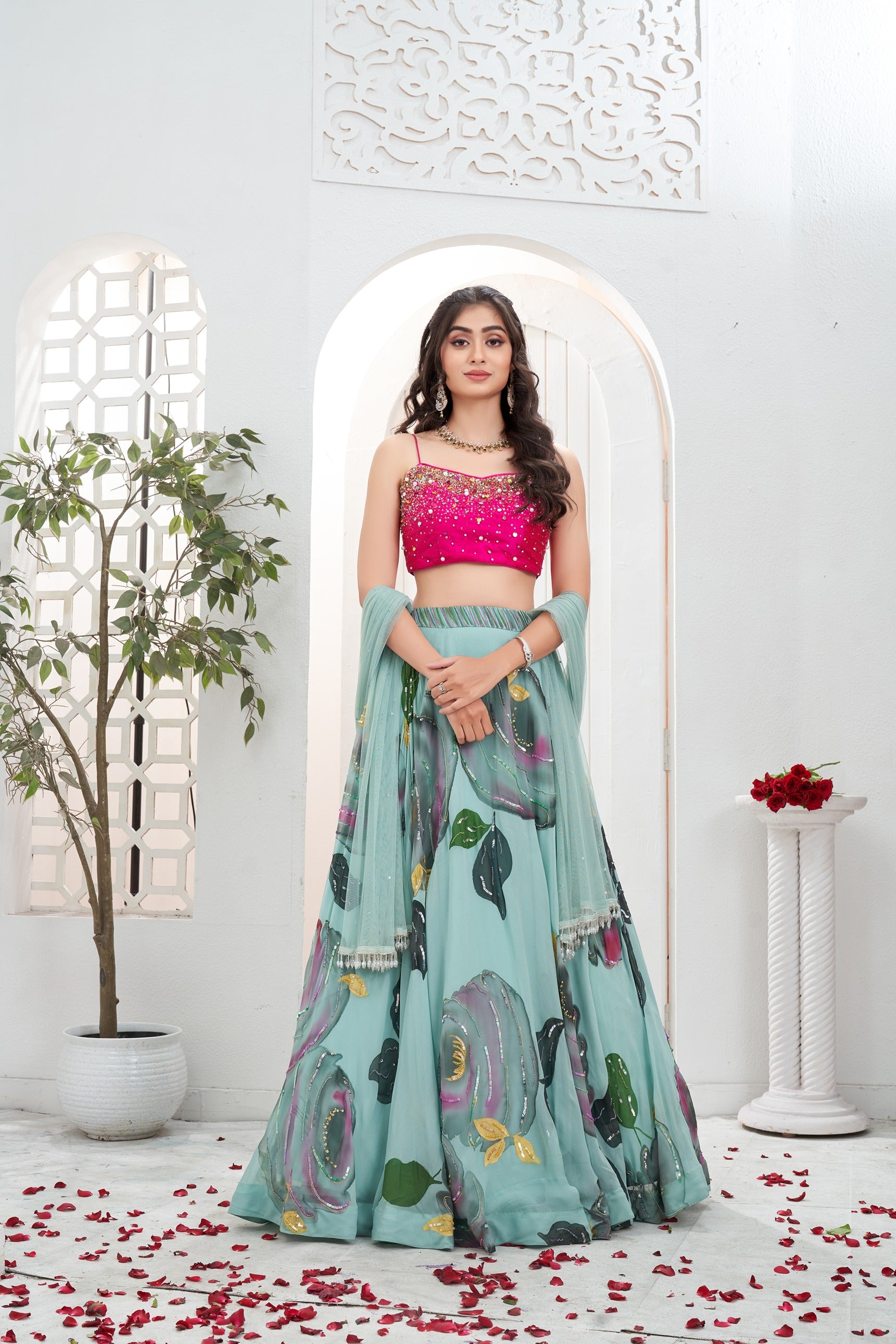 Dusty Blue Hand-Painted Lehenga