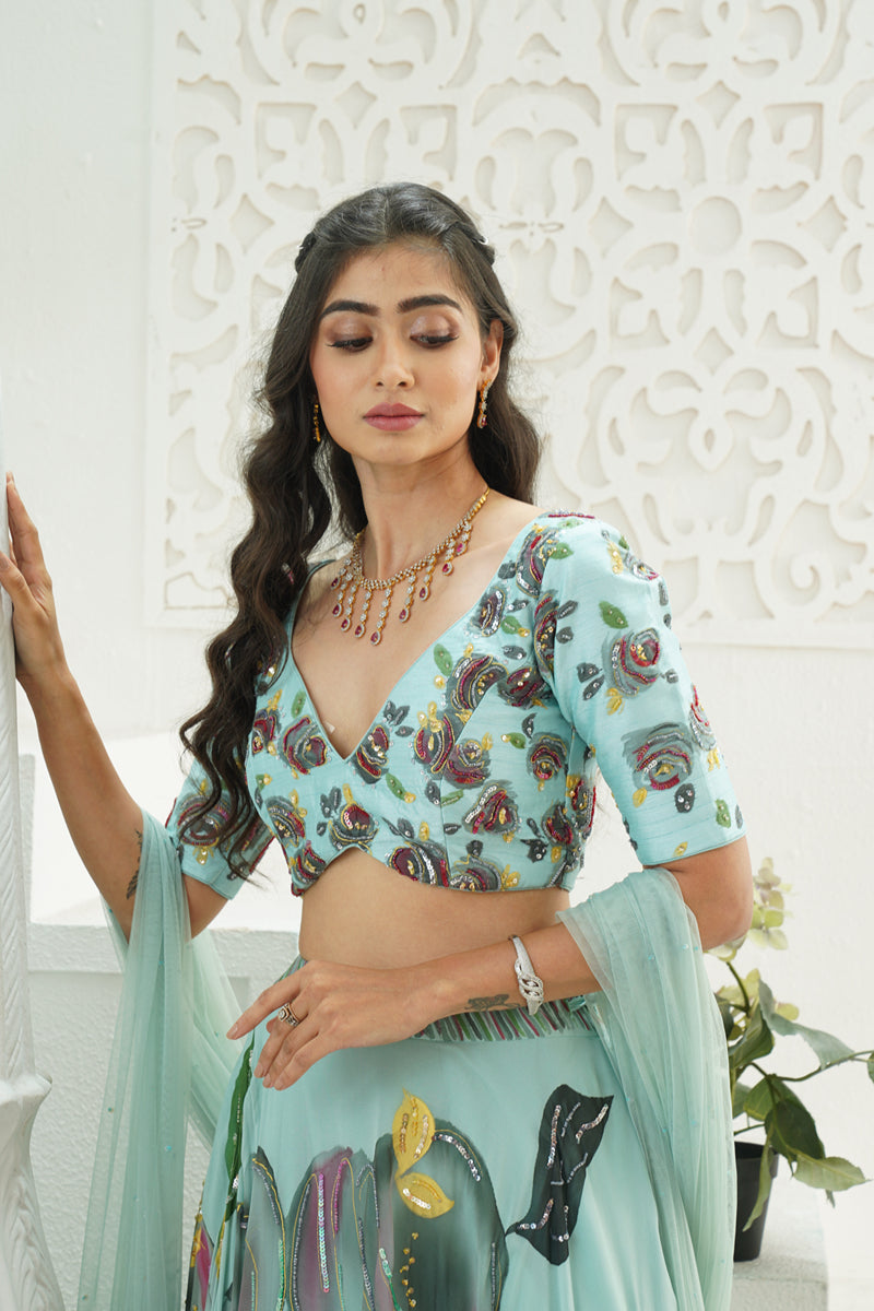 Dusty Blue Hand-Painted Lehenga Set
