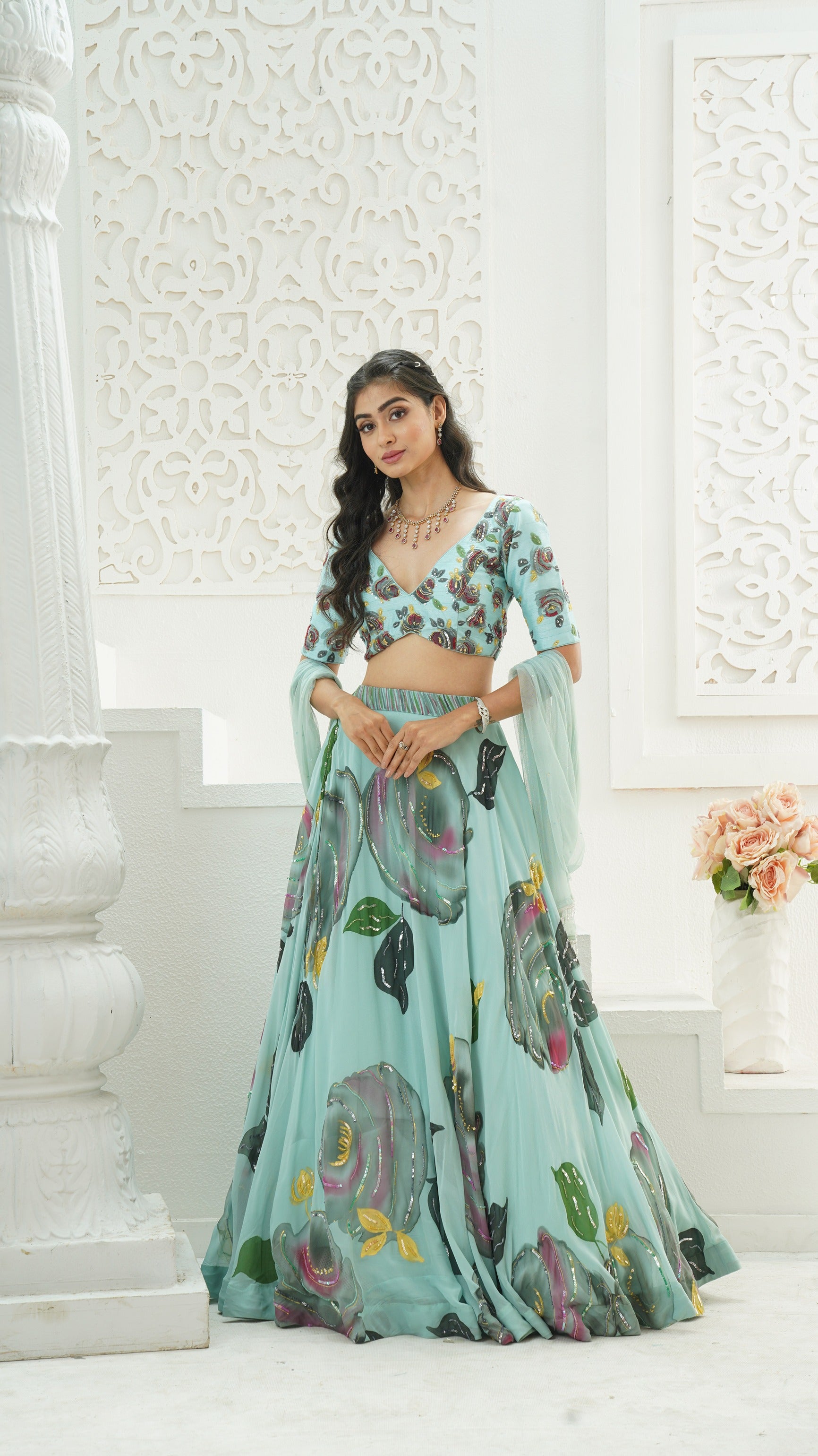 Dusty Blue Hand-Painted Lehenga Set