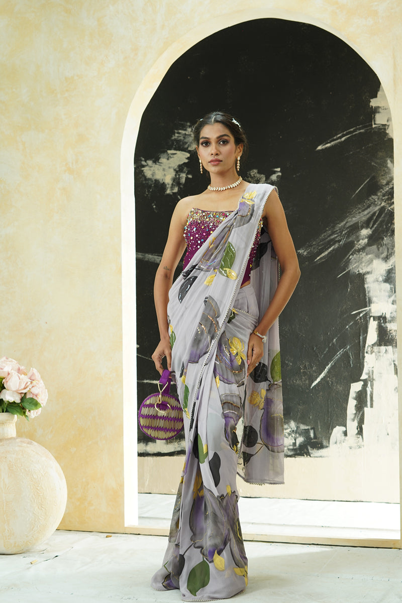 Periwinkle Hand-Painted Saree & Corset Set