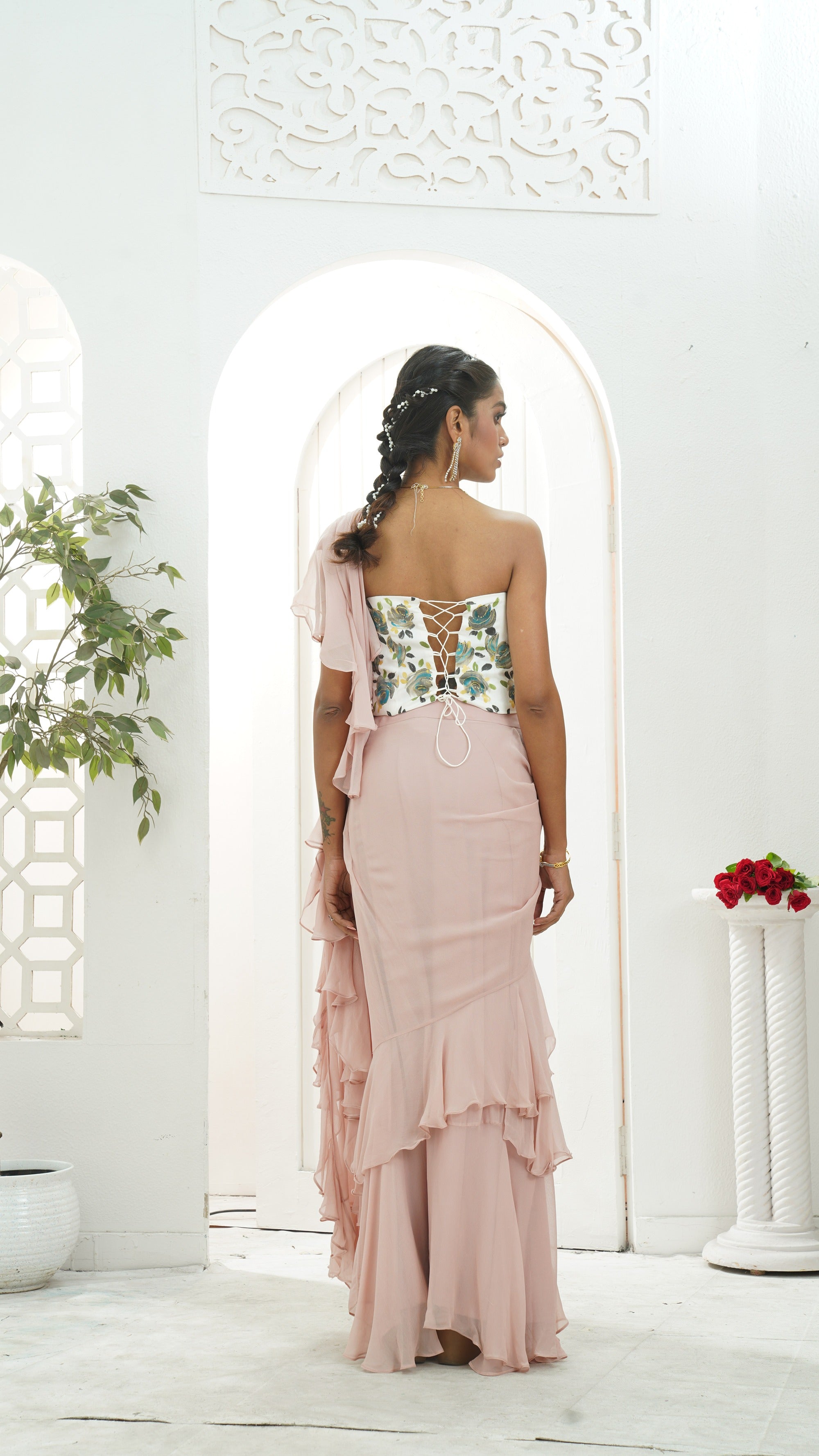 Mauve Ruffle Saree & Hand-Painted Corset