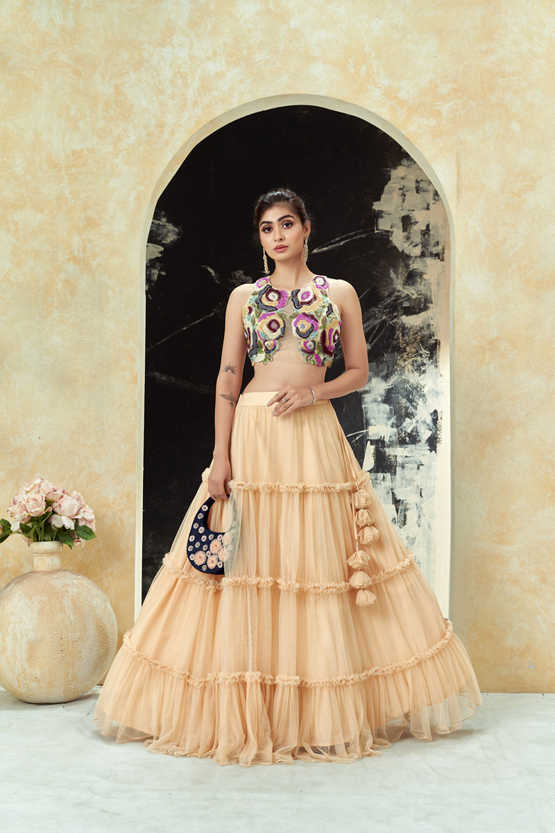 Multi-Hued Embroidered Blouse & Tier Skirt Set