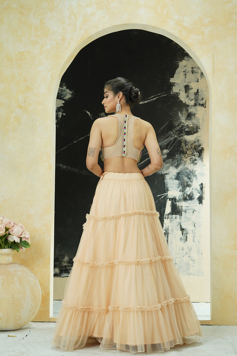 Multi-Hued Embroidered Blouse & Tier Skirt Set