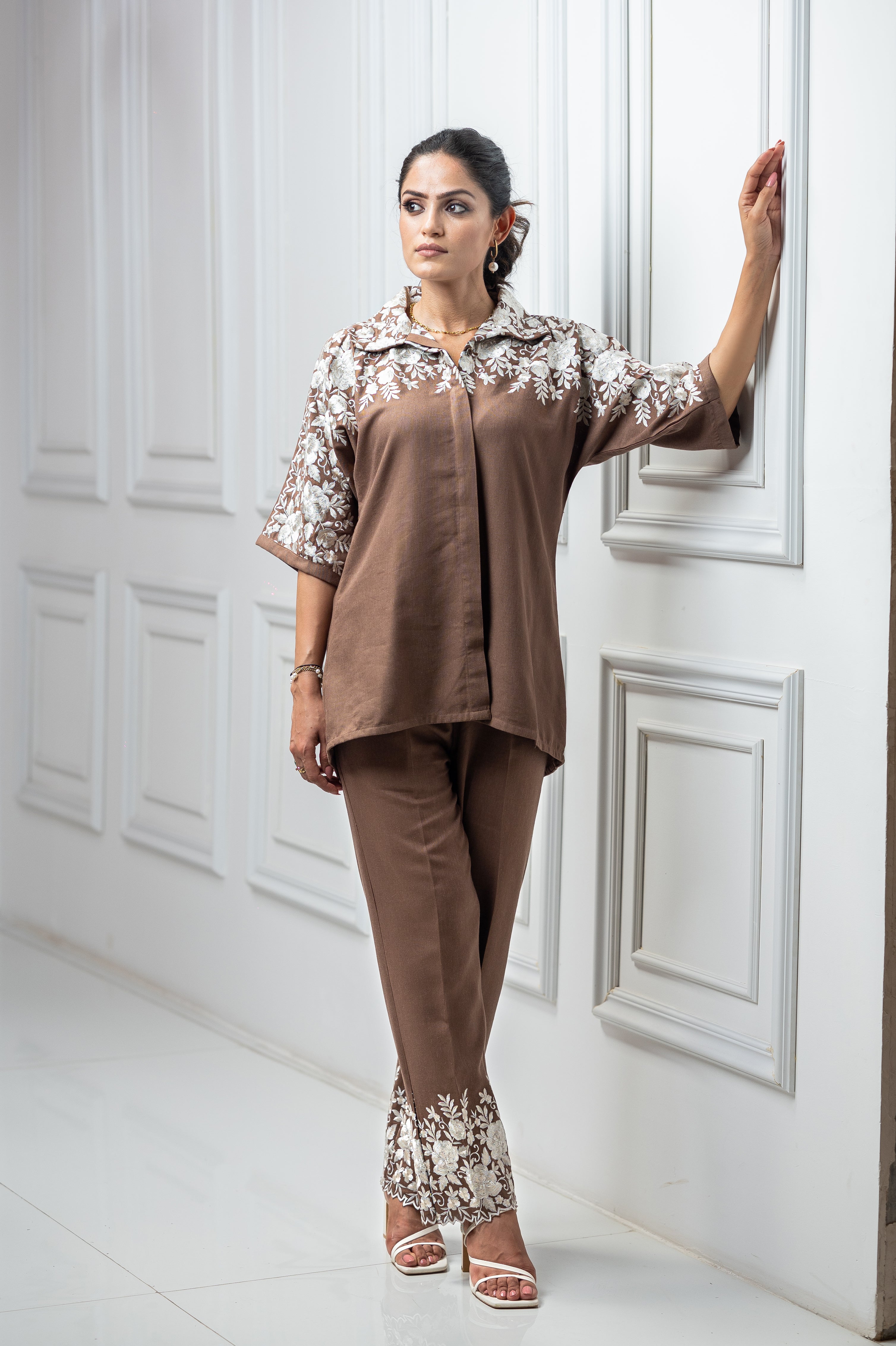 Brown Floral Embroidered Co-ord Set For Women -inching india 