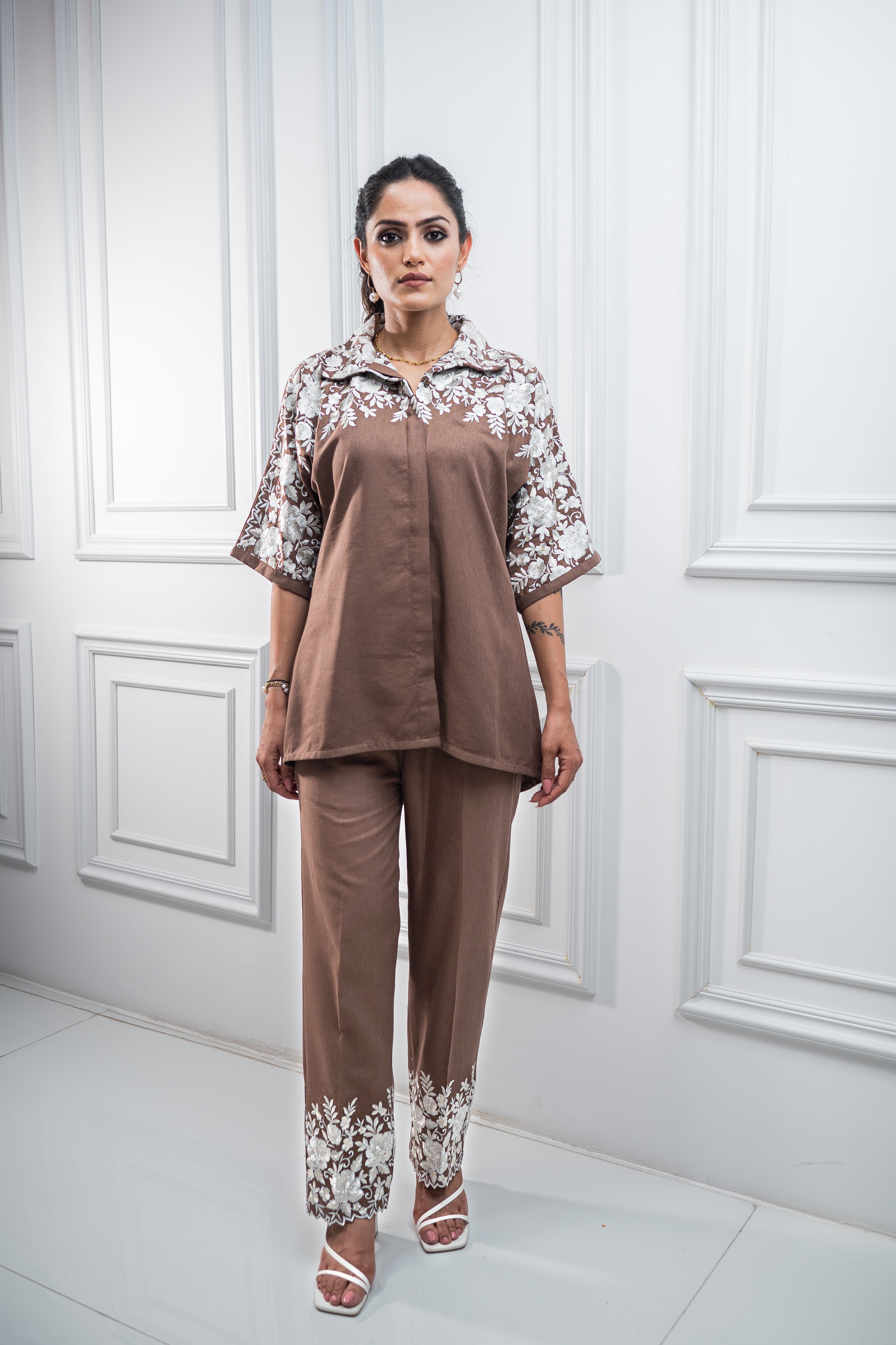 Brown Floral Embroidered Co-ord Set For Women -inching india 