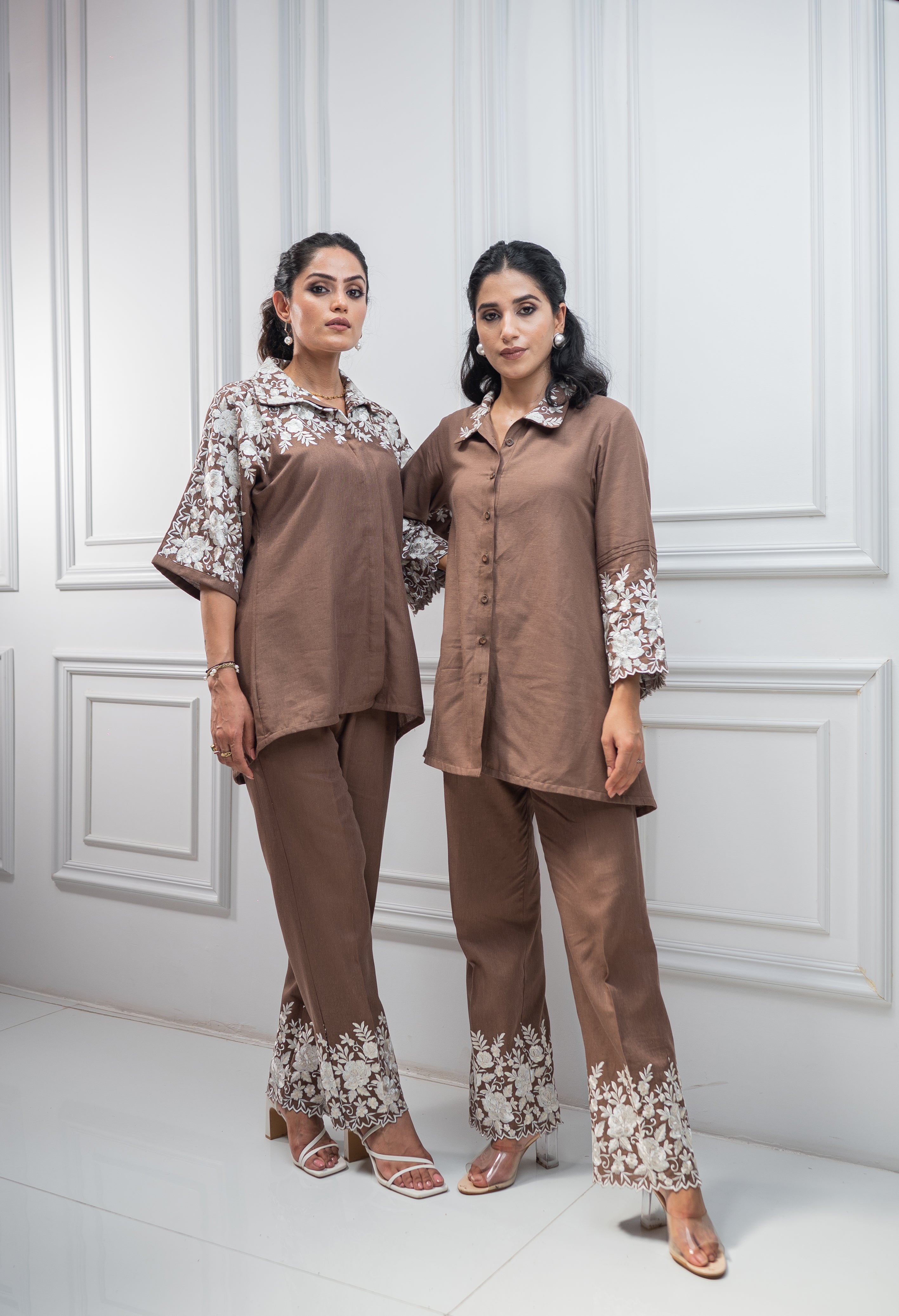 Brown Floral Embroidered Co-ord Set For Women -inching india 