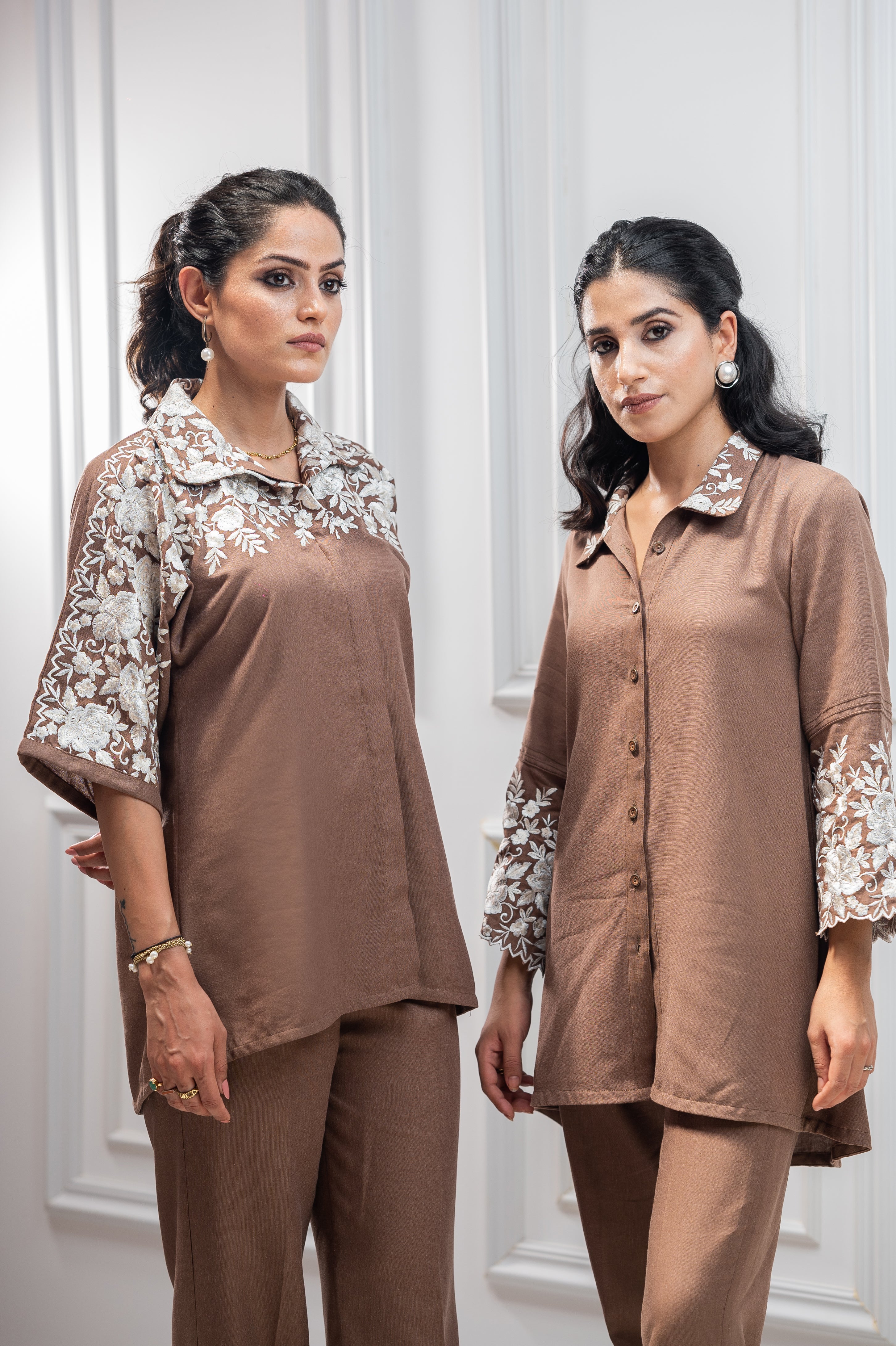 Brown Floral Embroidered Co-ord Set For Women -inching india 
