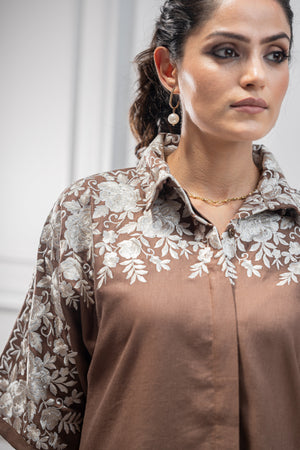 Brown Floral Embroidered Co-ord Set For Women -inching india 