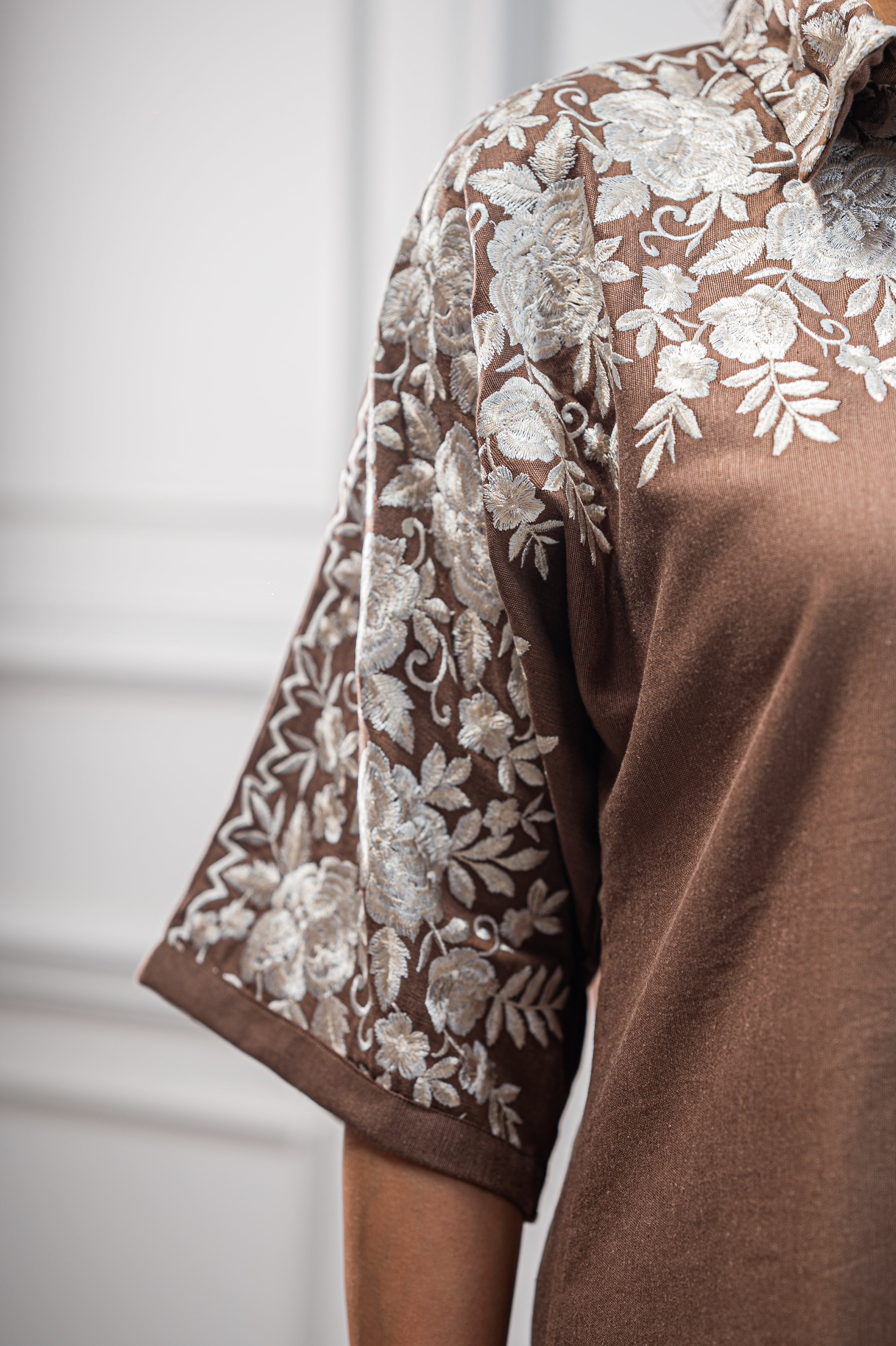 Brown Floral Embroidered Co-ord Set For Women -inching india 