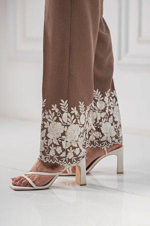 Brown Floral Embroidered Co-ord Set For Women -inching india 