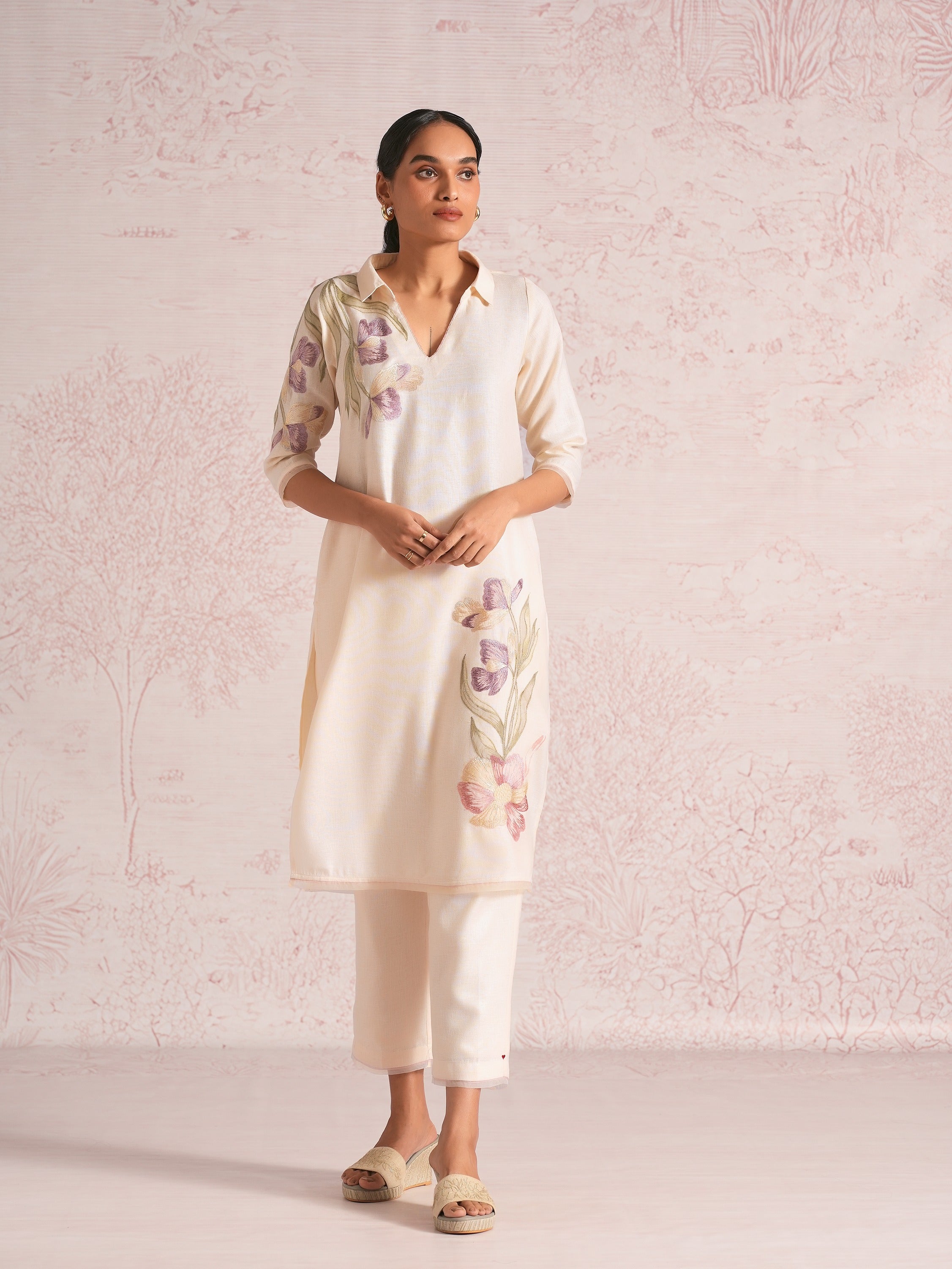 Painted Petals Kurta set - Parchment