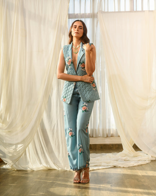 Dusty Teal Quilted Pant Suit