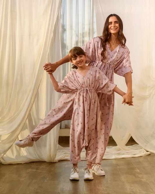 Mother Daughter Rosey Pink Kimono Dhoti Jumpsuit