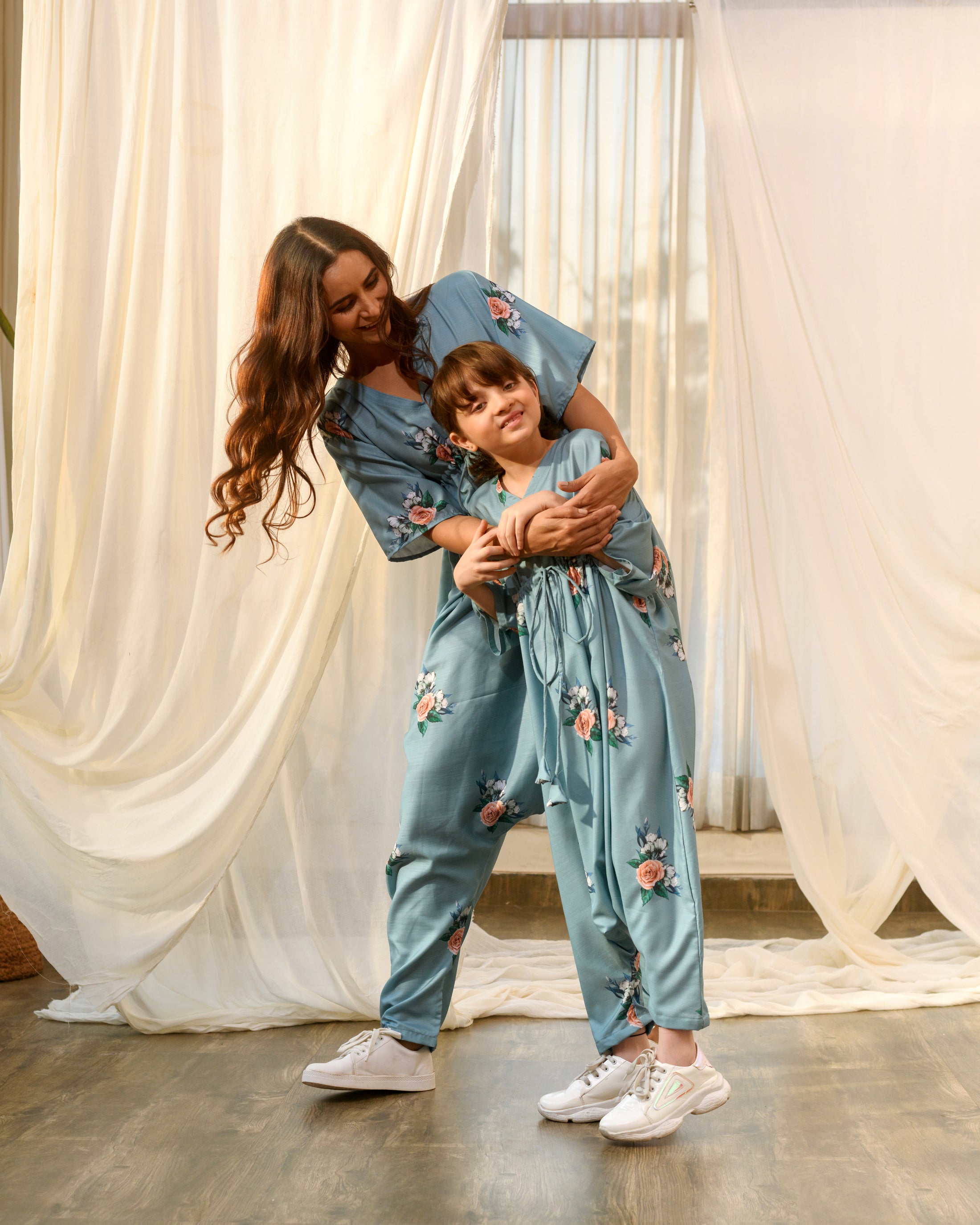 Mother Daughter Dusty Teal Kimono Dhoti Jumpsuit