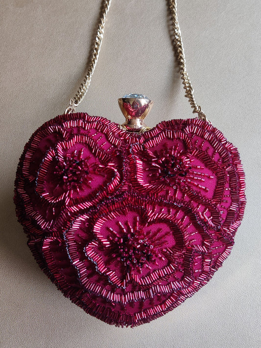 Crimson Red Floral Heart Bag
