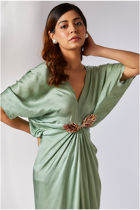 Sage Green Embroidered Draped Dress