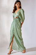 Load image into Gallery viewer, Sage Green Embroidered Draped Dress

