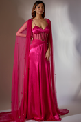 Load image into Gallery viewer, Hot Pink Embroidered Corset Gown With Cape
