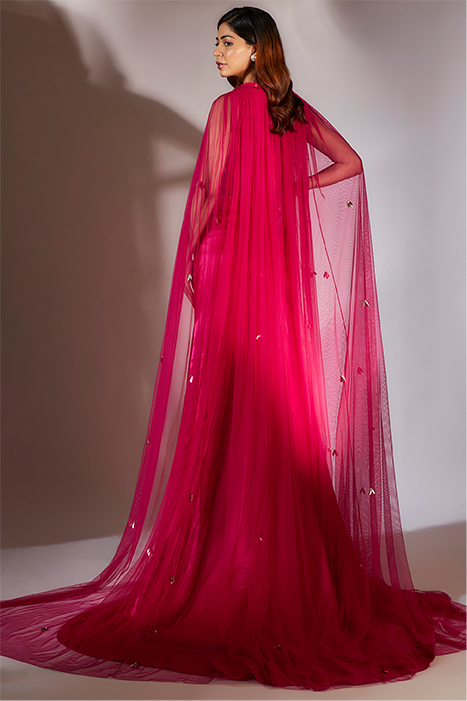 Hot Pink Embroidered Corset Gown With Cape