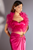 Load image into Gallery viewer, Hot Pink Ruffle Top With Embroidered Draped Skirt
