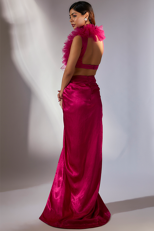 Hot Pink Ruffle Top With Embroidered Draped Skirt