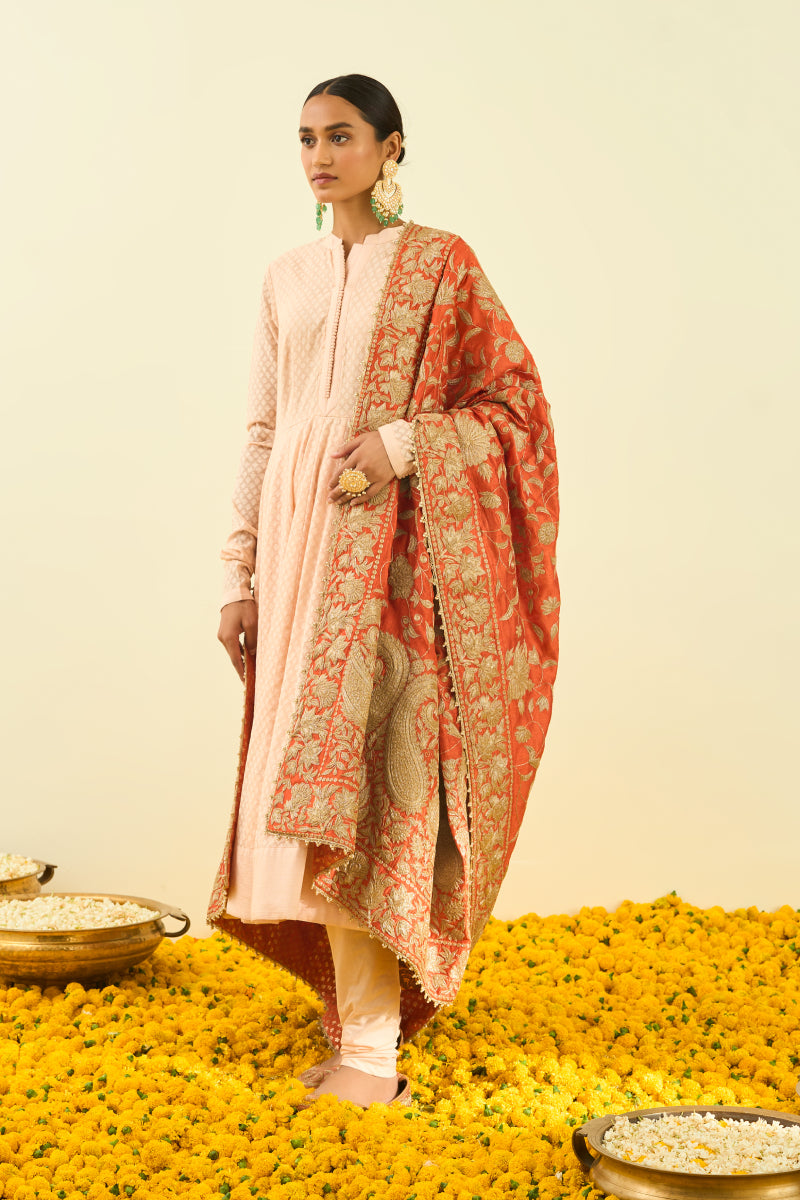 Pumpkin Orange Floral Tilla Embroidery Odhni
