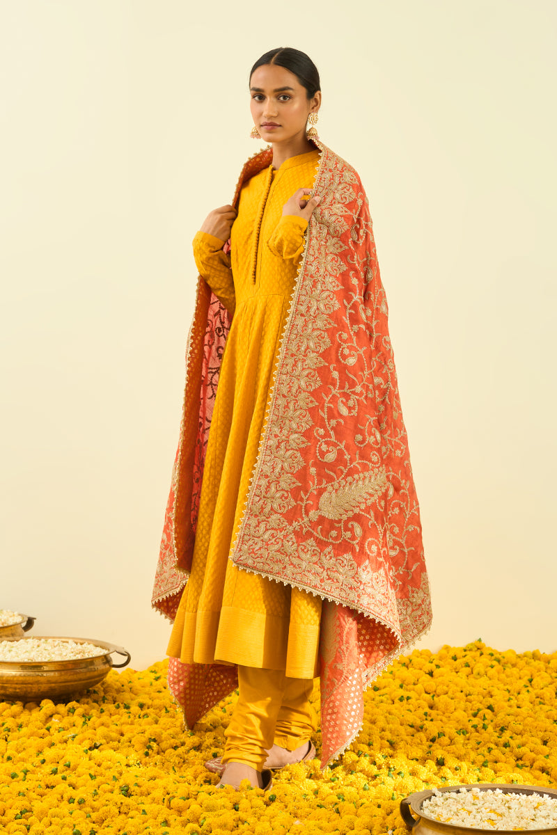 Pumpkin Orange Paisley Tilla Embroidery Odhni