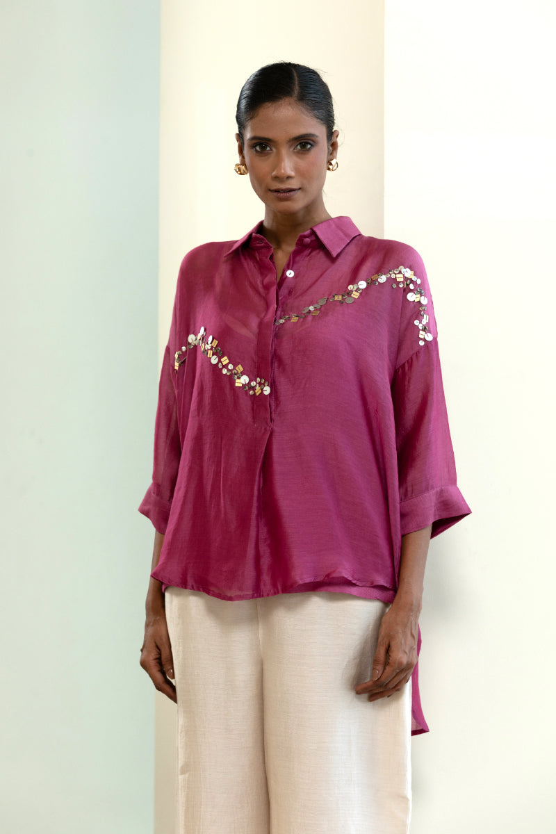 Chanderi Silk Sequins Shirt - Purple