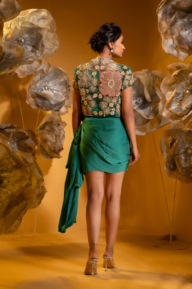 Printed Embroidered Blazer And Drape Skirt