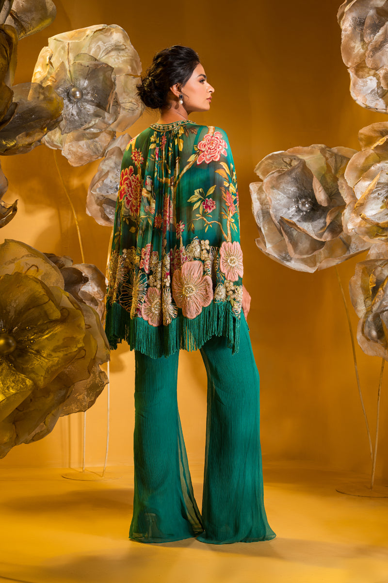 Printed Embroidered Cape And Flared Pant