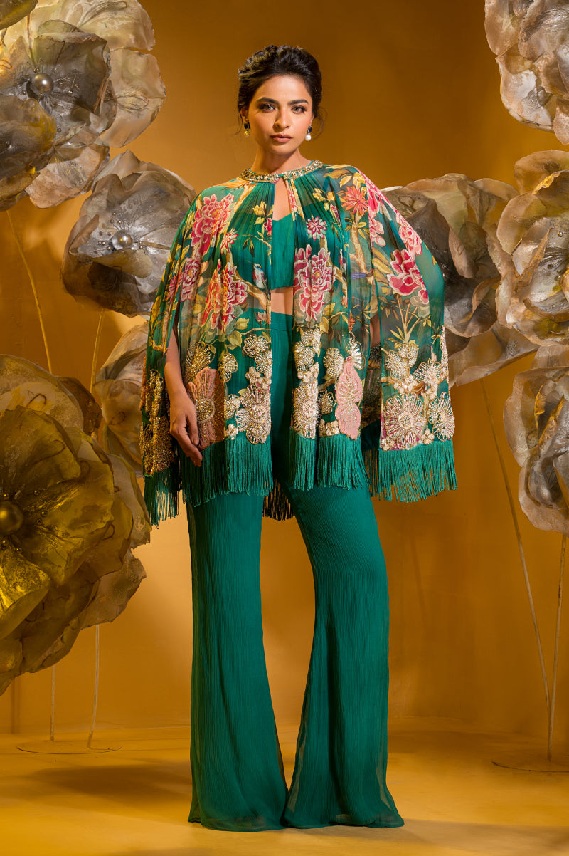 Printed Embroidered Cape And Flared Pant