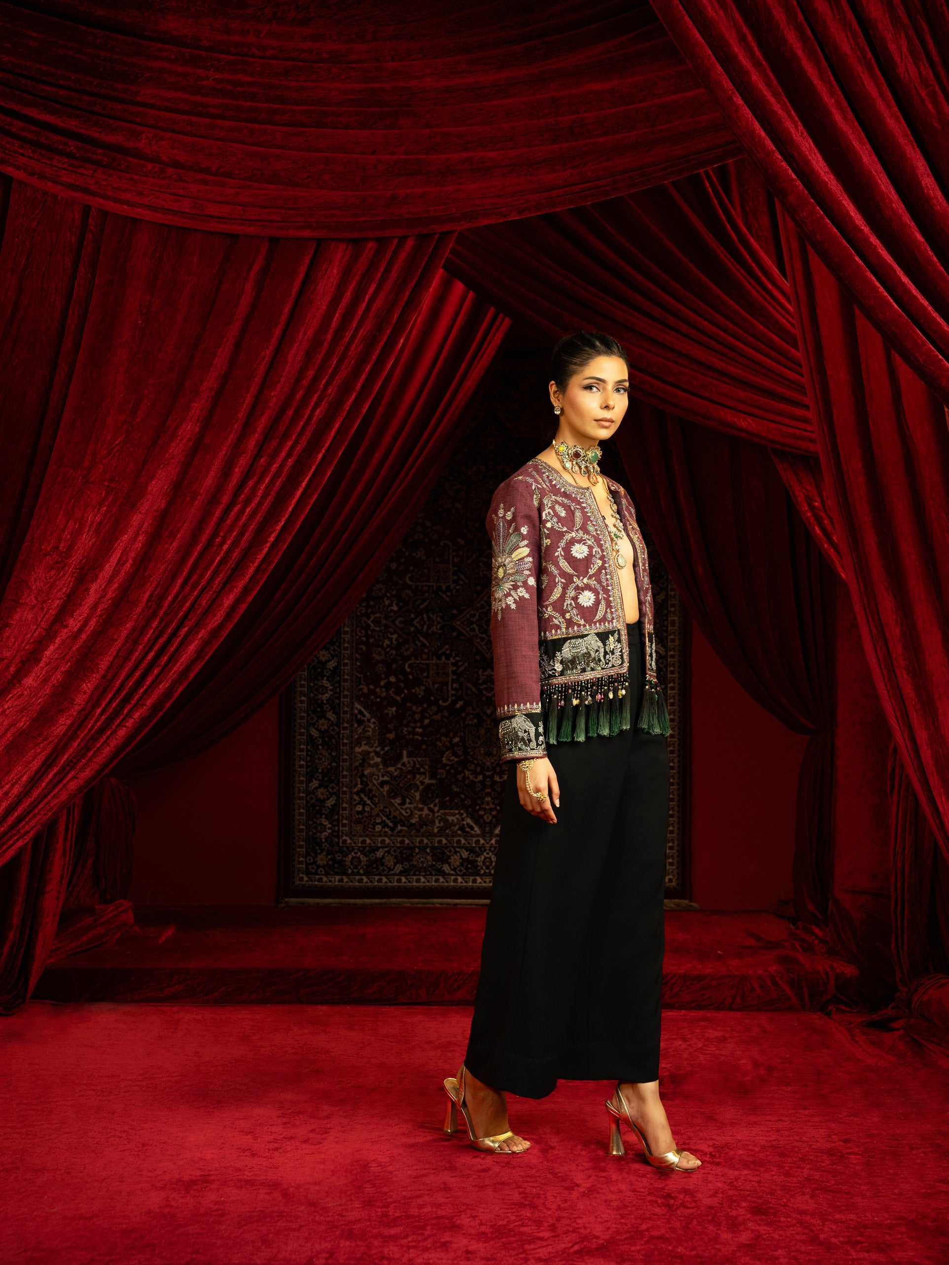 Embroidered Short Jacket with Pants