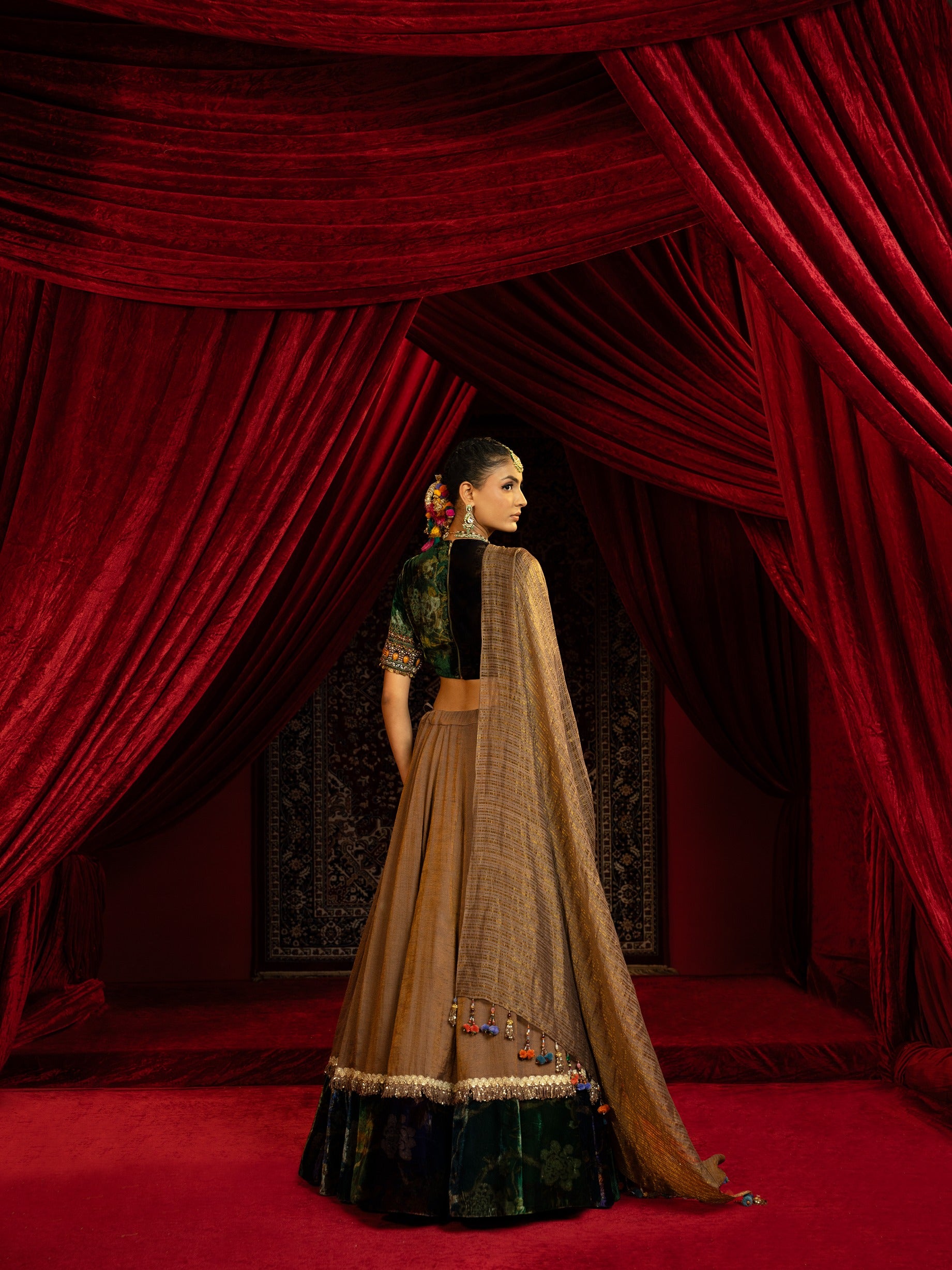 Lehenga with Printed Velvet Border and Blouse with Dupatta
