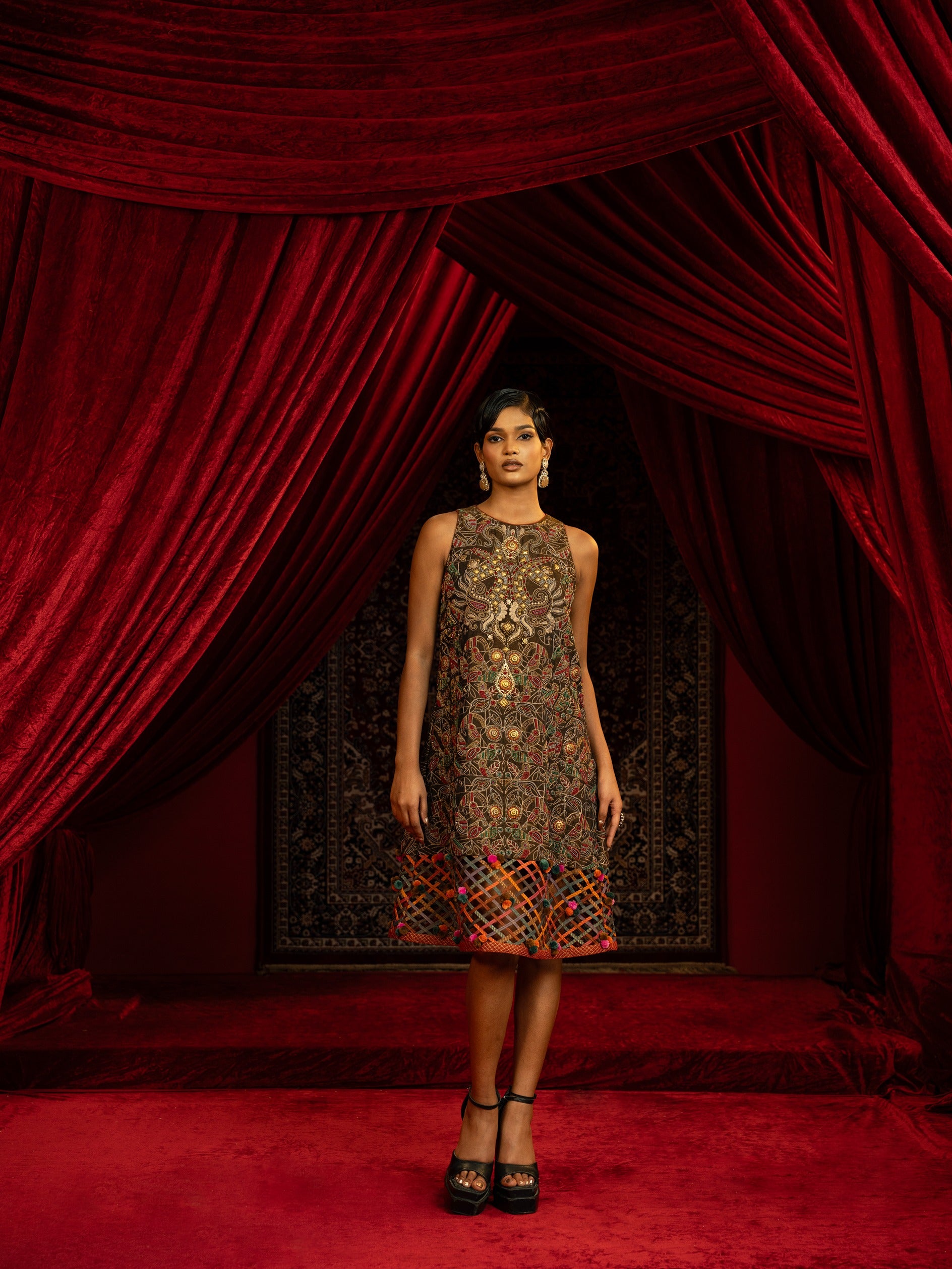 Embroidered A-Line Shift Dress with Jali Hemline