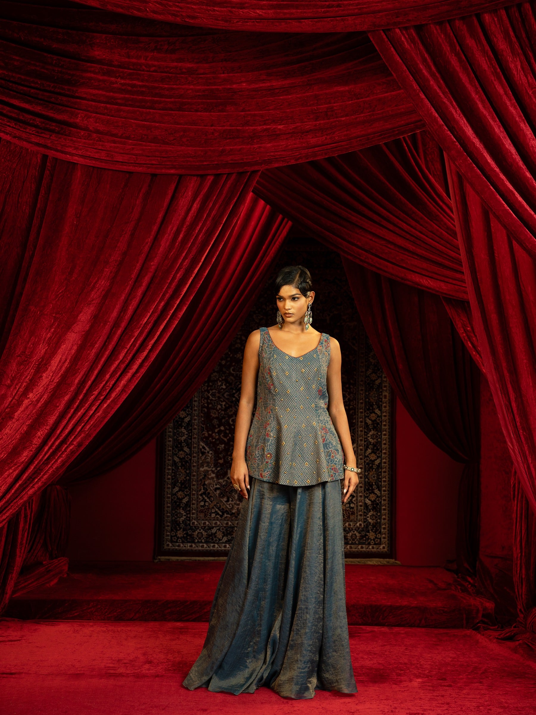 Quilted Peplum Kurta with Sharara Pant