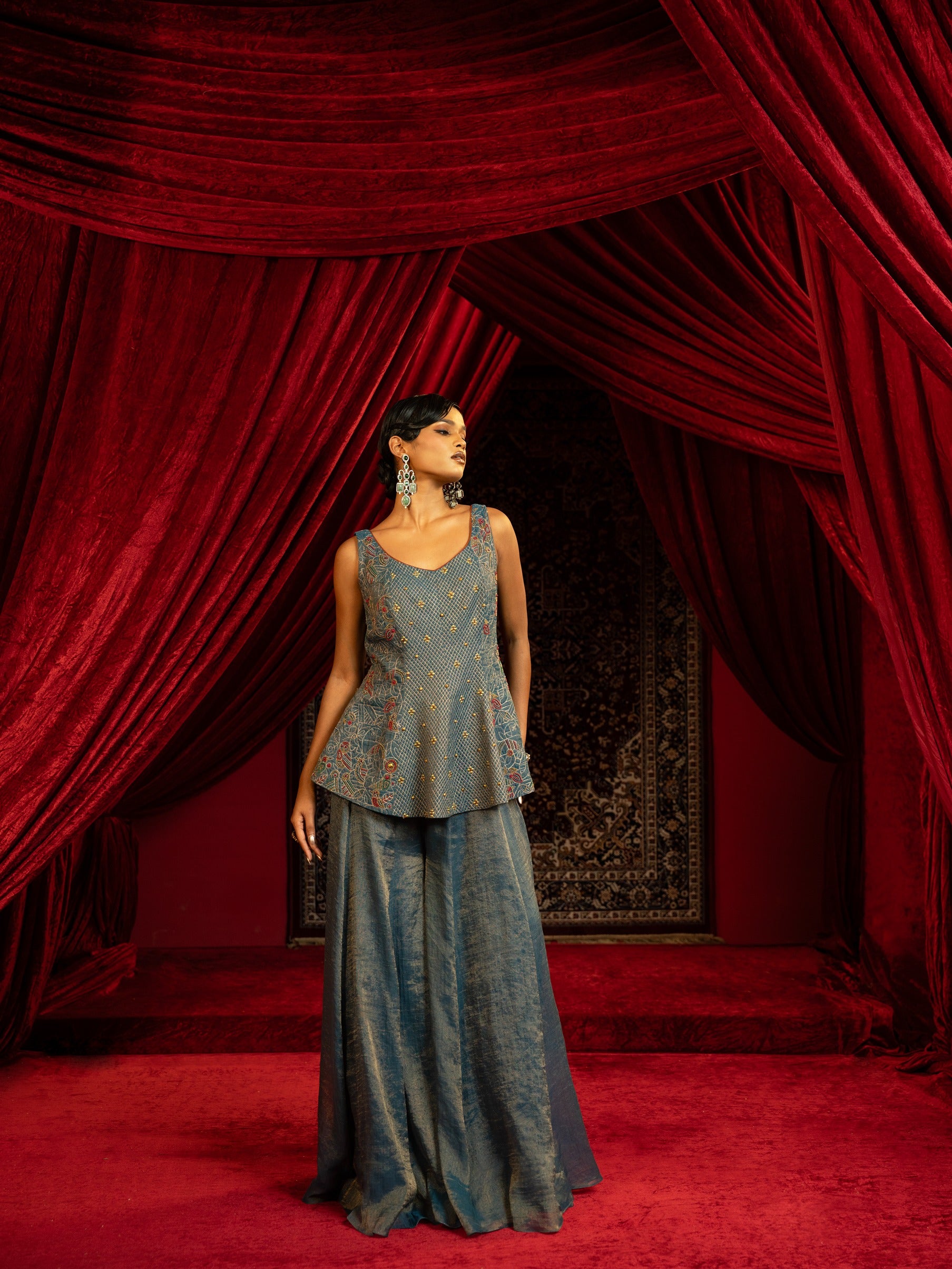 Quilted Peplum Kurta with Sharara Pant