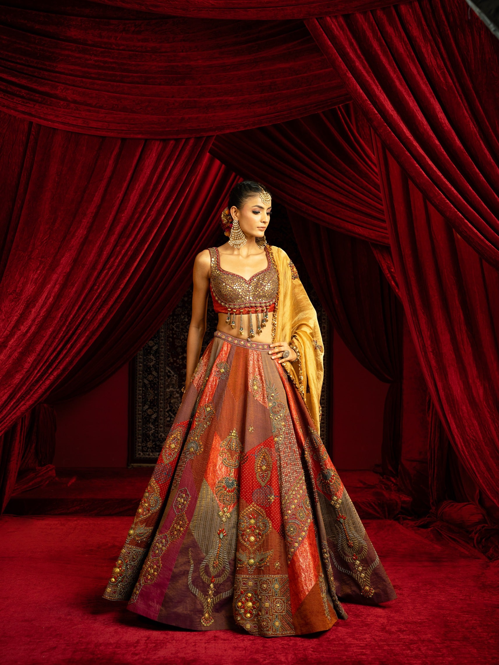 Blocked Lehenga Set with Metal Embroidered Blouse & Dupatta