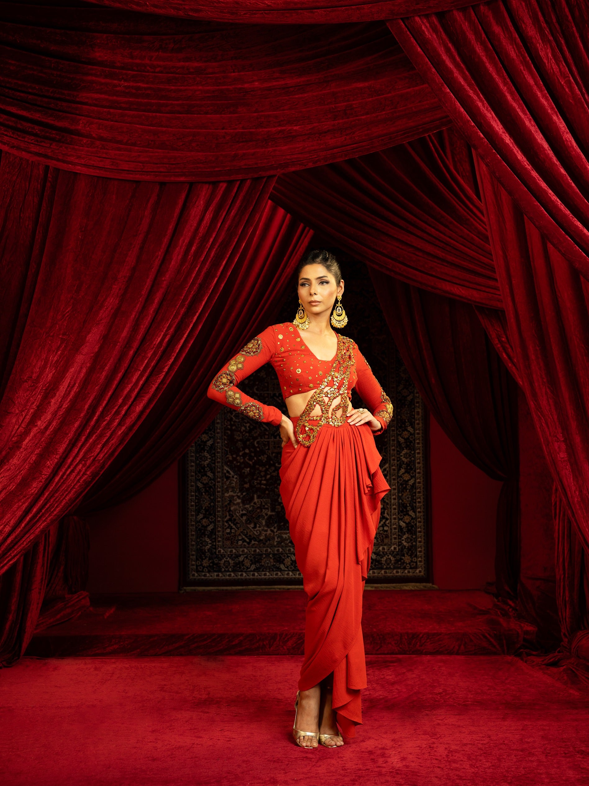 Drape Skirt Set with Embroidered Cutwork Palla