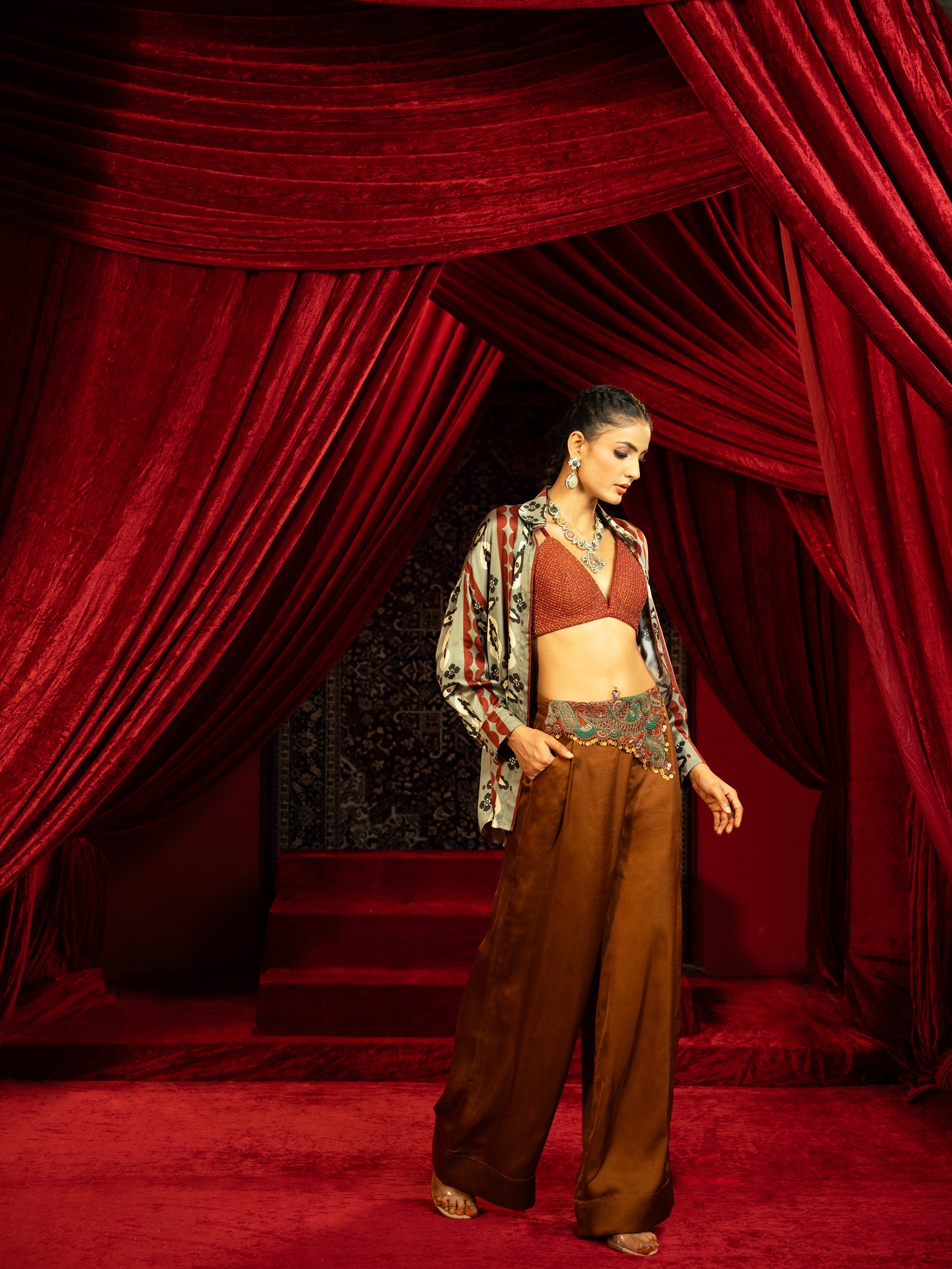 Embroidered Boxy Pants with Boho Printed Shirt