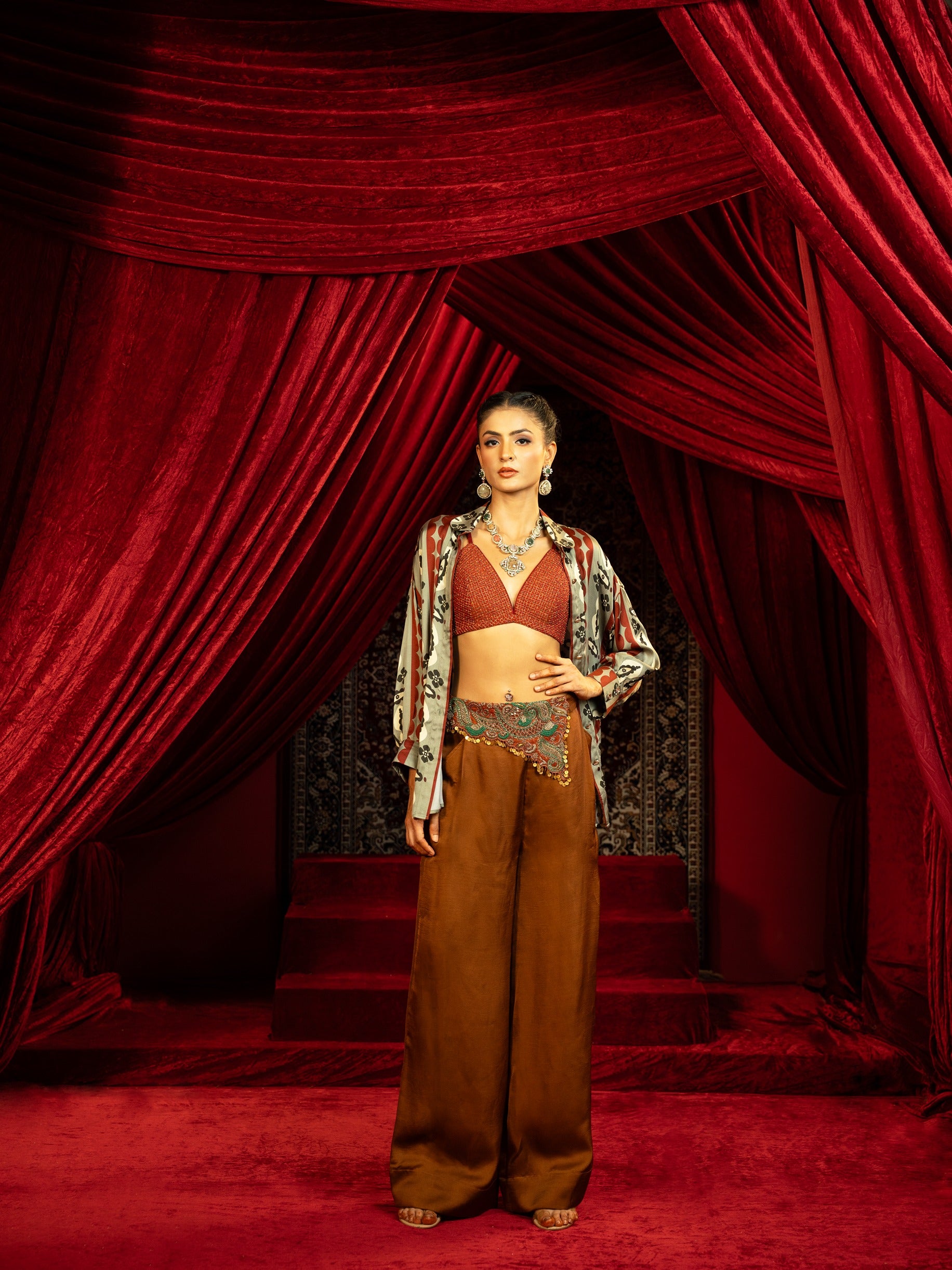 Embroidered Boxy Pants with Boho Printed Shirt