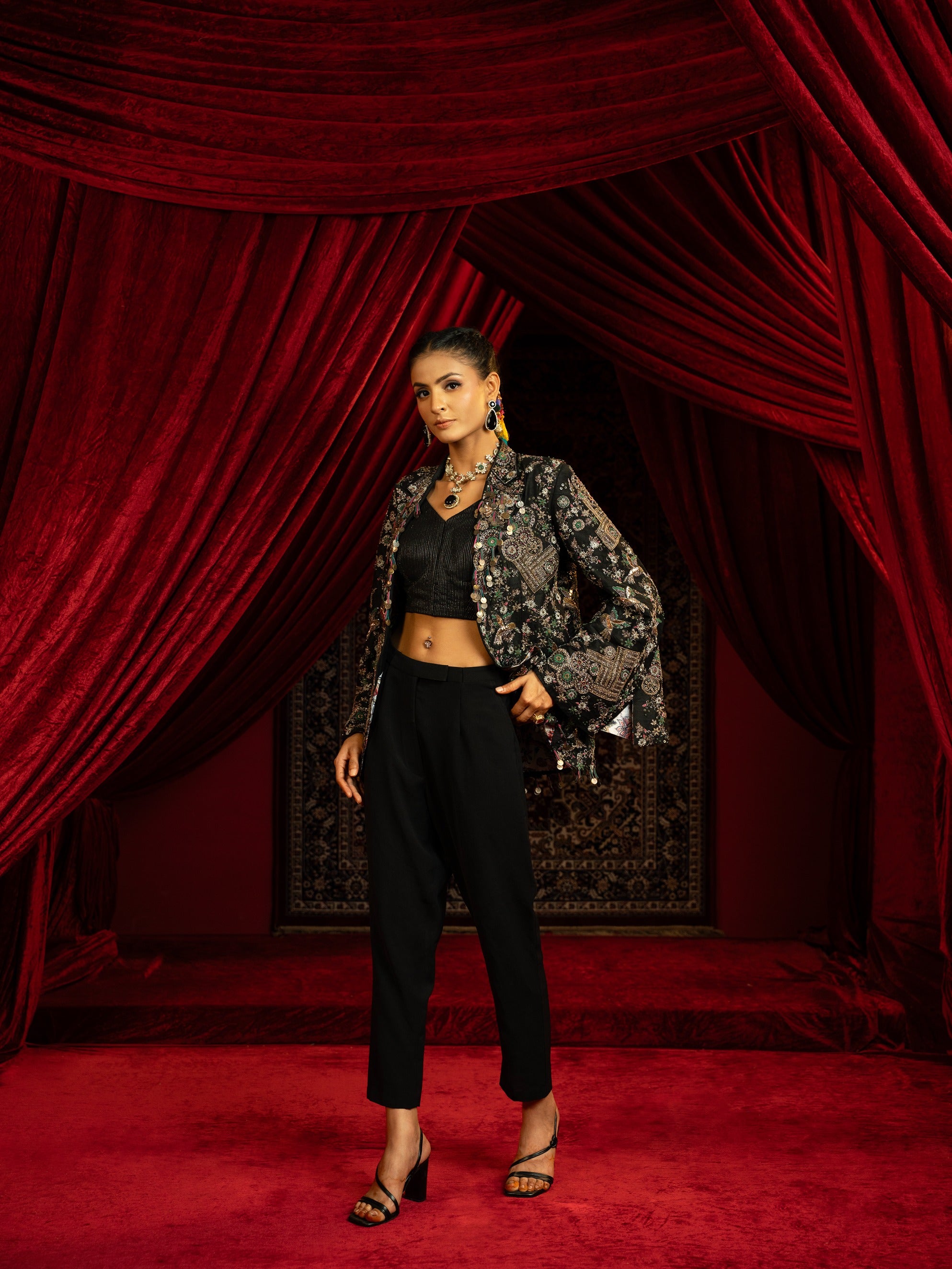 Embroidered Stylised Jacket with Pant & Bustier